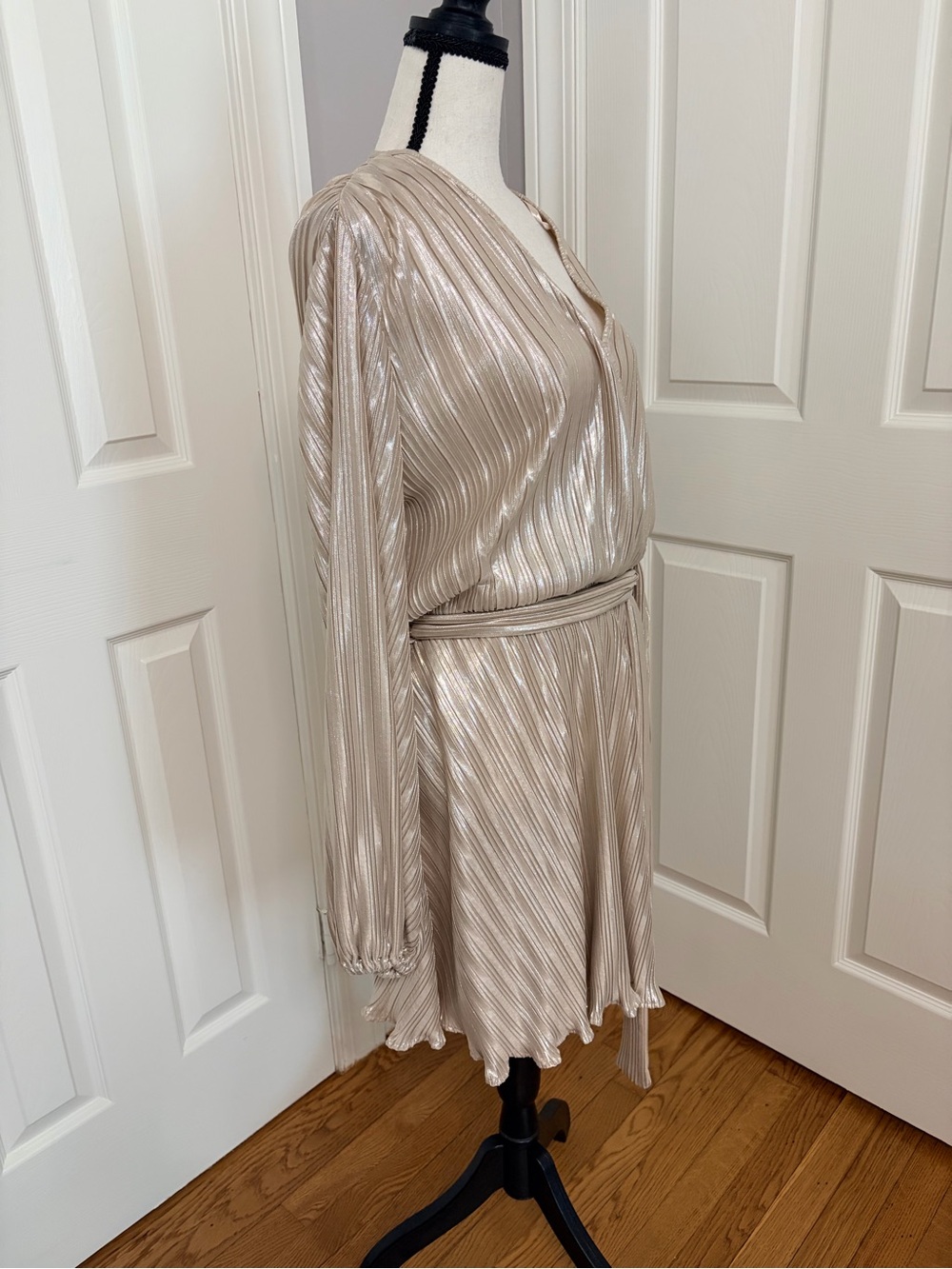 Bardot Metallic Pleated Wrap Dress in Champagne Beige - Picture 2 of 6